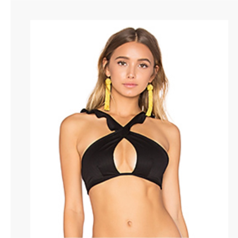 For Love & Lemons La Playa Ruffle Top, Black, M Medium with Pouch